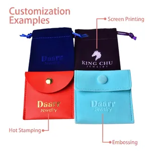 Custom velvet jewelry pouches and snap bags with silk screen, foil gold, and embossed logos