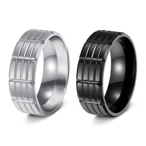 Men Band Ring Stainless Steel Brushed Geometric Grid Grooves Industrial Style Fashion Unisex Polished Inner Edge Jewelry