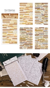 Macro detail of retro vintage English quotes stickers with gold foil stamping for DIY scrapbooking