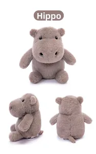 Detailed multi-angle views of a soft grey hippo plush toy in sitting positions