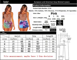 Detailed size chart for high-waisted tie-dye denim shorts showing S to XXL measurements