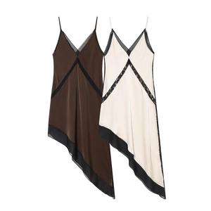 Damen Asymmetrisches Satin Midi Trägerkleid Spitze Patchwork V-Ausschnitt Spaghetti-Träger Elegant Party Sexy