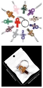 Macro view of Ankh keychains in various gemstones with 8cm and 6cm size dimensions