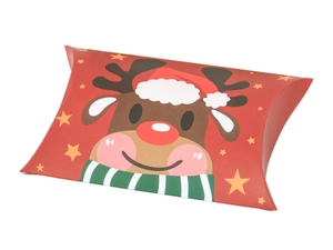 Detail view of red Christmas pillow box with a cute reindeer and yellow star patterns