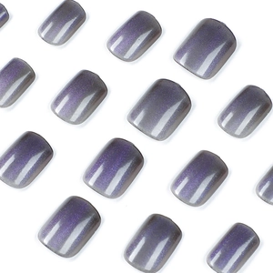 Short square purple grey cat eye press-on nails with shimmering gradient finish