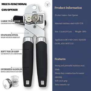 Manual 3-in-1 stainless steel can opener with ergonomic TPR handle and large knob