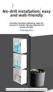Detail of wall-mounted storage boxes with transparent windows and punch-free installation