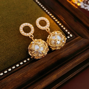 Gold Vintage Hollow Ball Artificial Pearl Drop Earrings With Rhinestones Alloy Elegant Jewelry And Silver Earring Post Women