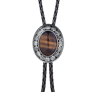 Tiger eye stone bolo tie with vintage floral engraved silver frame and black woven leather cord