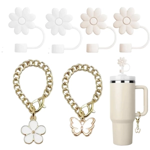Silicone flower straw covers and butterfly metal chain accessories for tumblers