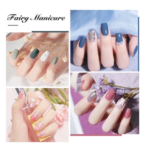 Detailed views of diverse fairy manicure styles with sequins, pearls and gold foil patterns