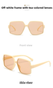 Front and 45-degree side view of oversized cream square sunglasses with brown lenses