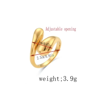 Polished golden teardrop open ring with adjustable double-head design and size specs