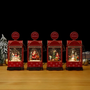 Retro Christmas gas station lanterns with Santa and snowman scenes for festive gifts