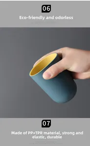 Close-up of flexible navy and yellow mouthwash cup made of durable PP and TPR material