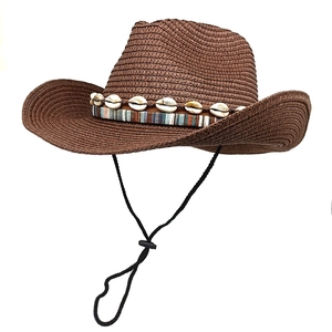 Classic coffee brown Panama straw hat with shell band decoration and wind rope
