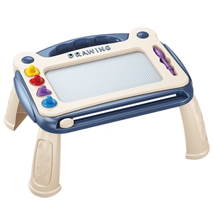 Magnetic drawing board for toddlers with four legs, stamps, and a pen in blue and beige