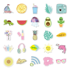 Flat lay of diverse waterproof cartoon stickers featuring cute fruit and lifestyle icons