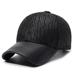 Men's autumn winter black baseball cap with bark texture fabric and faux leather brim