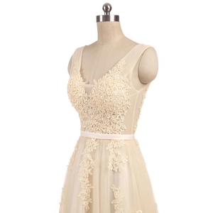 Elegant V-neck lace evening gown with beaded floral appliques and champagne tulle skirt