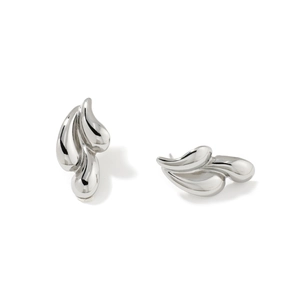 Polished silver teardrop earrings with a minimalist layered flame design on white background