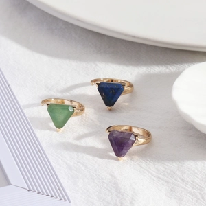 Geometric Triangle Gemstone Ring Adjustable Open Alloy Gold Plated Amethyst Lapis Lazuli Aventurine Women Jewelry