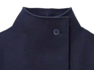 Close-up of the standing collar and stitching on a dark blue wool blend coat