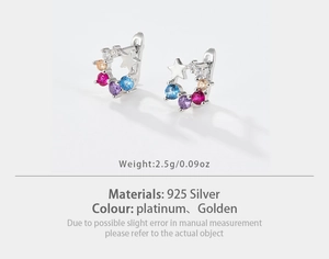 Detailed spec sheet for S925 sterling silver earrings with colorful cubic zirconia stars