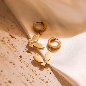 Elegant 18k gold plated titanium steel butterfly earrings with clear crystal inlays