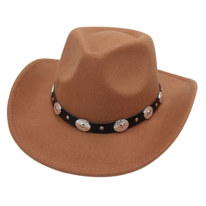 Classic brown western cowboy hat with black leather belt and silver metal buckles