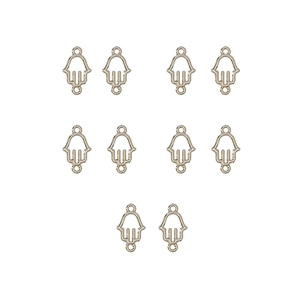 Flat lay of 10 golden Hamsa Hand charms for DIY jewelry making and craft projects
