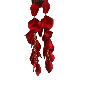Fashion red silk rose petal tassel earrings with long gold chain on white background