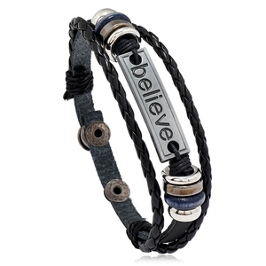 Believe Engraved Multi-Layer Woven Leather Bracelet With Split Cowhide PU Wood Beads And Alloy For Men Retro Punk Style