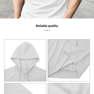 Detailed views of white waffle knit hooded polo shirt showing texture and drawstring hood
