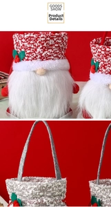 Close-up of red knit Christmas gnome gift bag with plush beard and festive berry detail