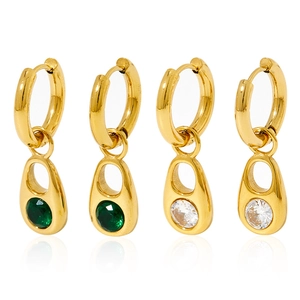 French retro gold plated stainless steel hoop earrings with green and white zircons