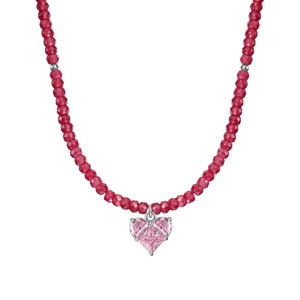 Elegant S925 sterling silver heart necklace with red faceted beads and pink zircon crystal