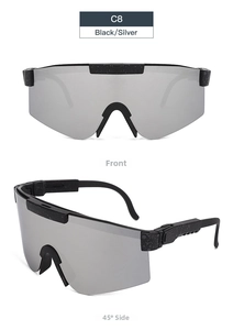 Front and 45-degree side views of black frame sports sunglasses with silver coated lenses