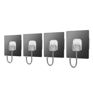 Set of 4 heavy duty adhesive wall hooks with silver metal hooks on square grey base