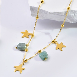 Gold starfish anklet with blue natural stone beads for women jewelry accessories