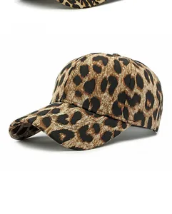 Detail view of coffee leopard print baseball cap featuring classic six-panel construction