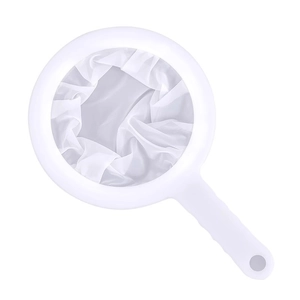 White fine mesh kitchen strainer with handle for filtering soy milk and fruit juice