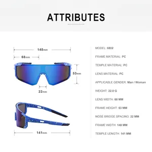 Attributes of sports sunglasses model 6802 with blue splash frame and size parameters
