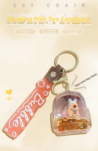 Detail of Capybara liquid keychain with bubble tea pendant and orange rubber handle