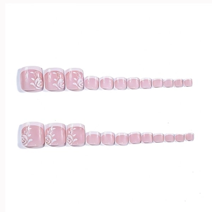 Short square press-on toenails with pink French design and white rose floral patterns