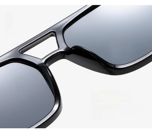 Detail of comfortable integrated nose pads on black square frame fashion sunglasses