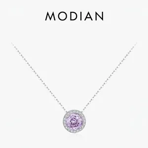 Collier Halo Rond Argent Sterling 925 Zircon Violet Coupe Rosa Pendentif Pierre Lavande Bijoux Élégants Pour Femmes