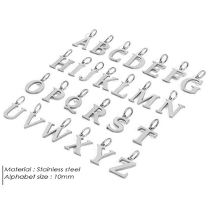 Matrix display of 10mm stainless steel A-Z letter pendants in polished silver finish