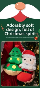 Close-up of plush Santa and Christmas tree doll set held in hand for holiday decor