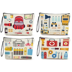 Linen Cosmetic Bag Outdoor Survival Print Zippered Travel Toiletry Pouch Multifunctional Organizer Portable